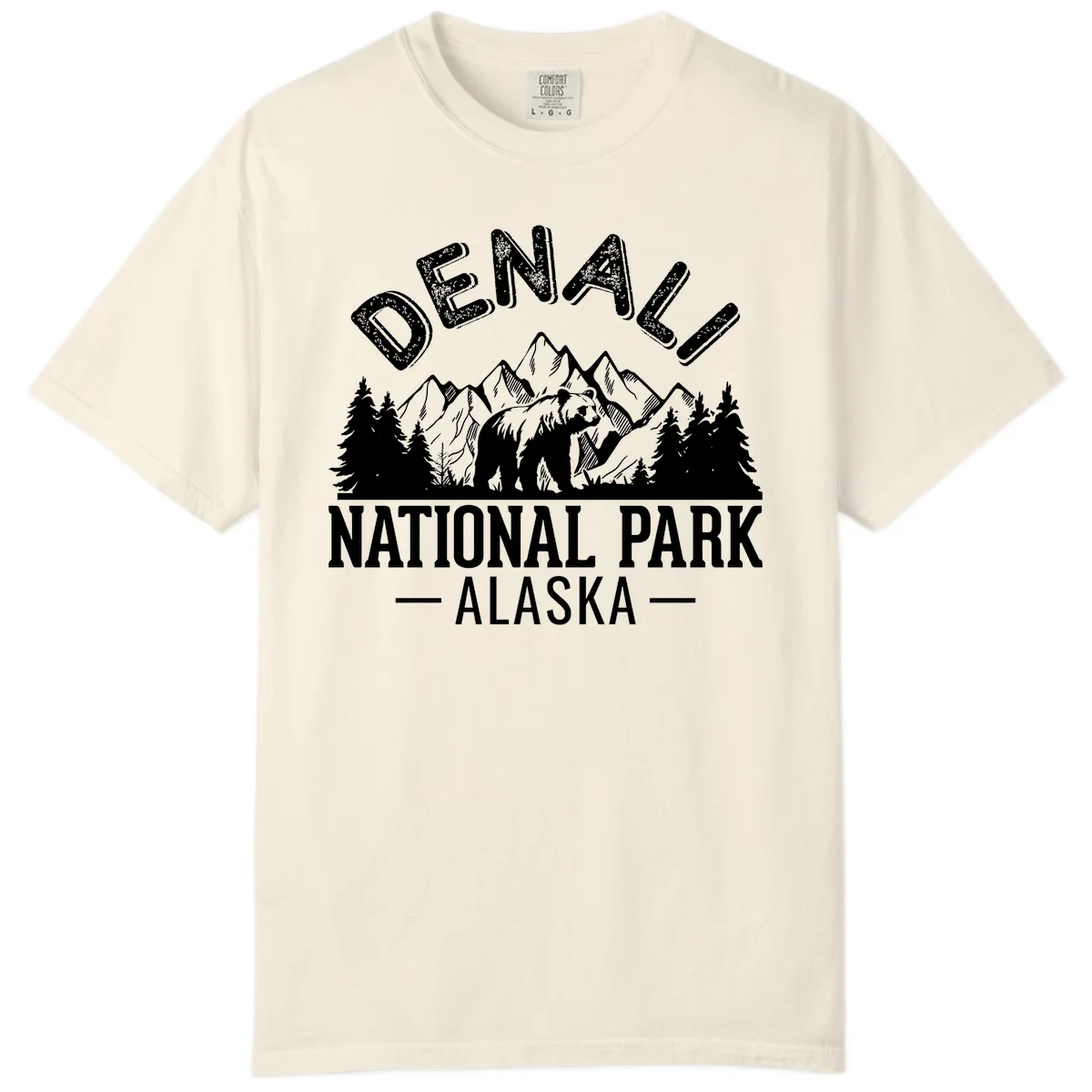 Denali National Park bear design with mountains, evergreen trees, and distressed white text on gray background in Ivory