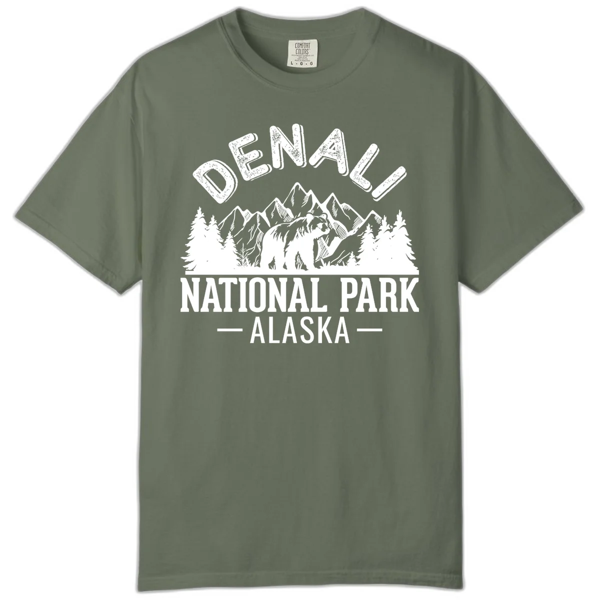 Denali National Park bear design with mountains, evergreen trees, and distressed white text on gray background in Moss