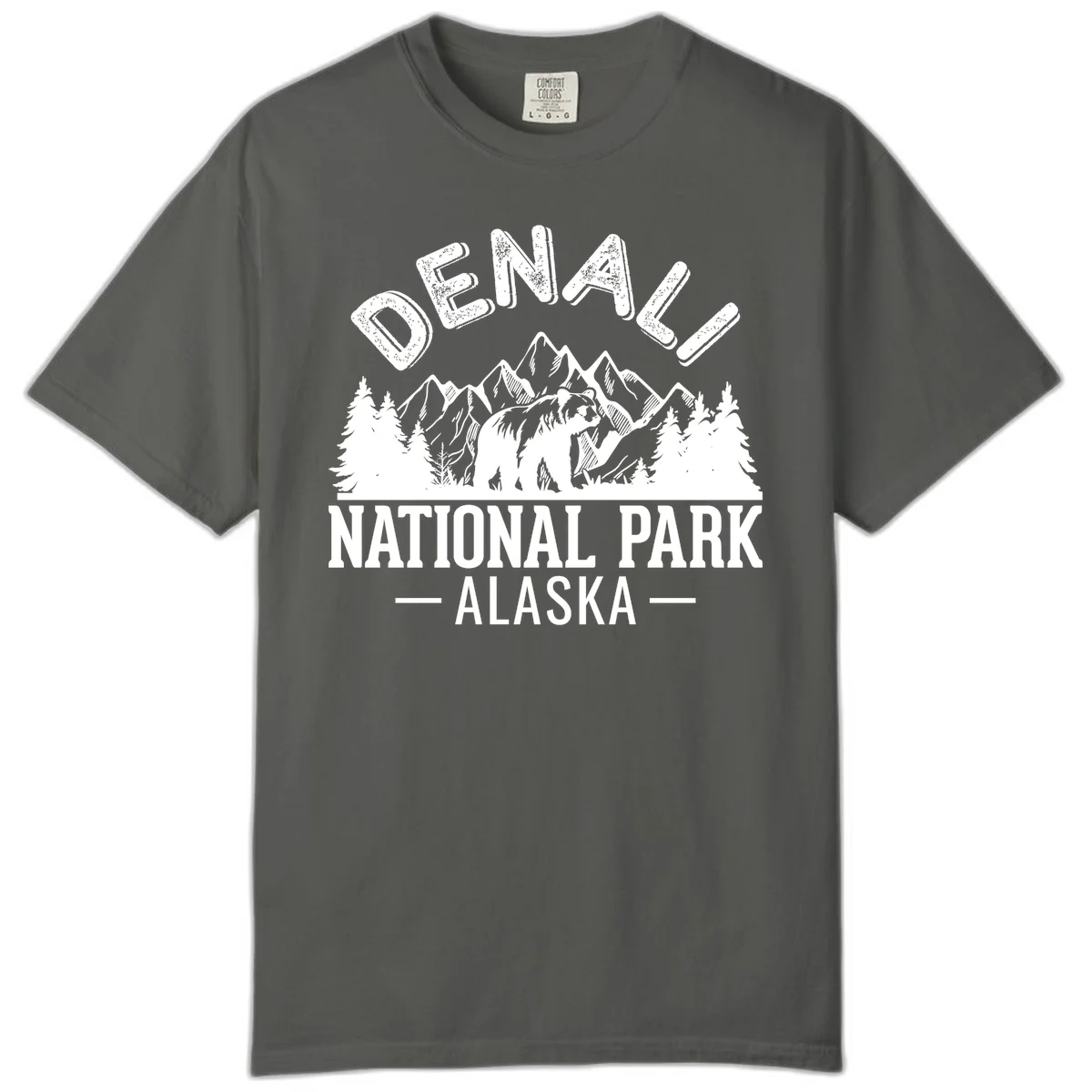Denali National Park bear design with mountains, evergreen trees, and distressed white text on gray background in Pepper