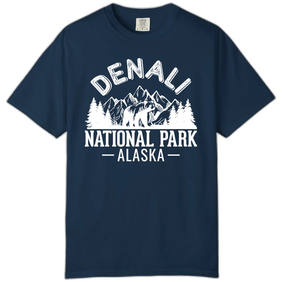 Denali National Park bear design with mountains, evergreen trees, and distressed white text on gray background in True Navy