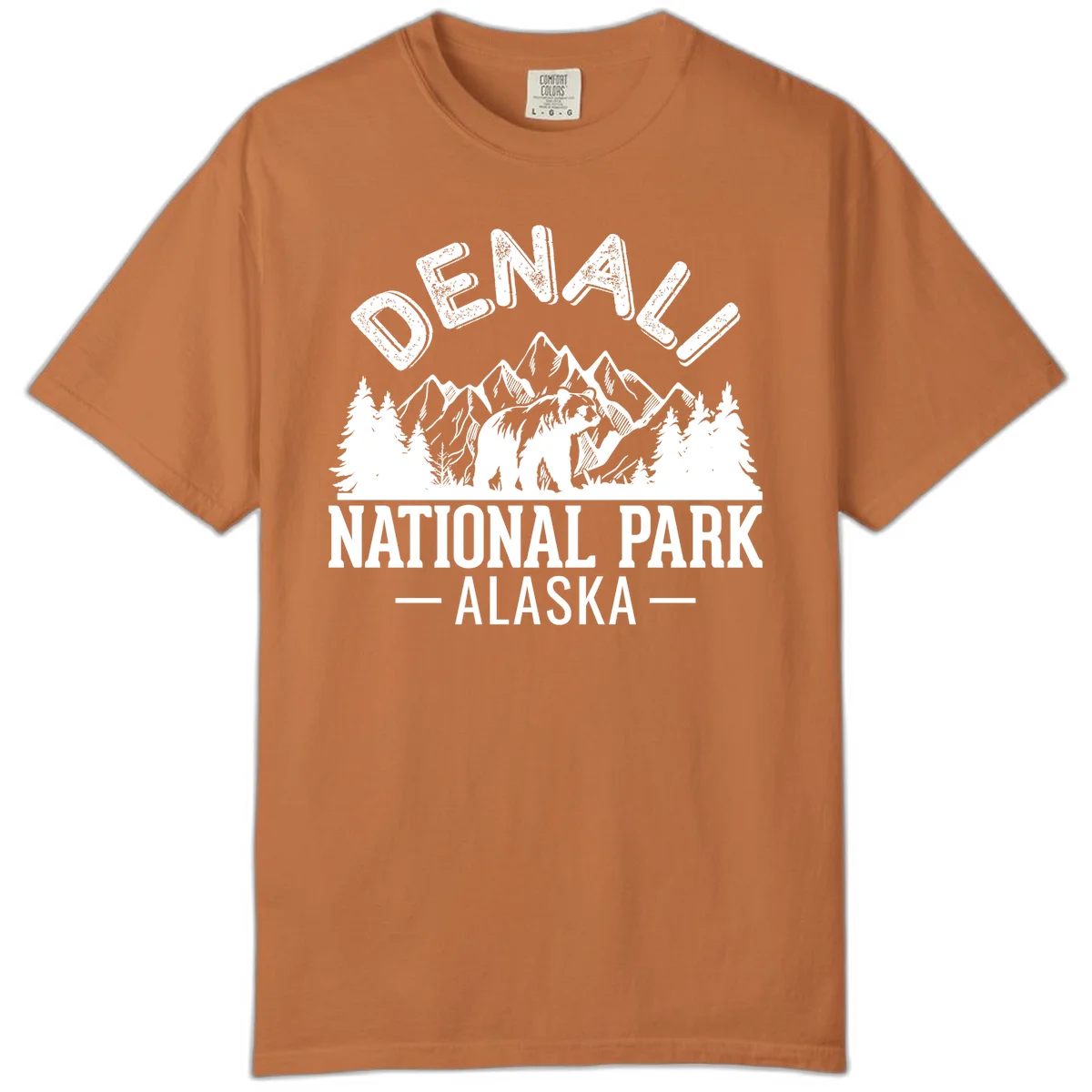 Denali National Park bear design with mountains, evergreen trees, and distressed white text on gray background in Yam