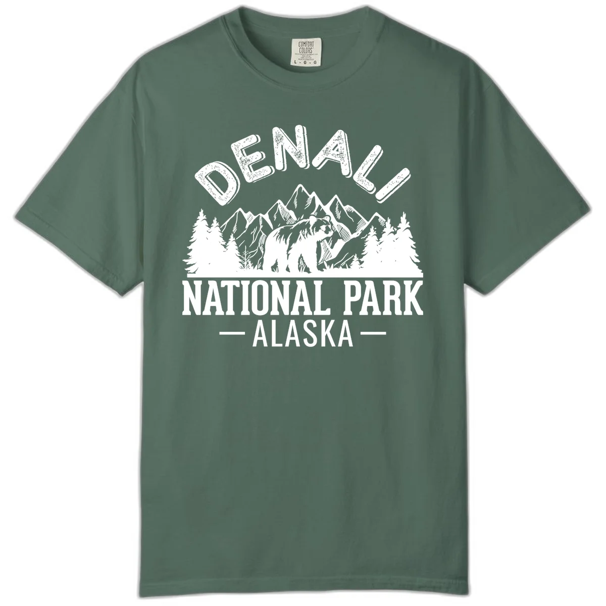 Denali National Park bear design with mountains, evergreen trees, and distressed white text on gray background in Blue Spruce