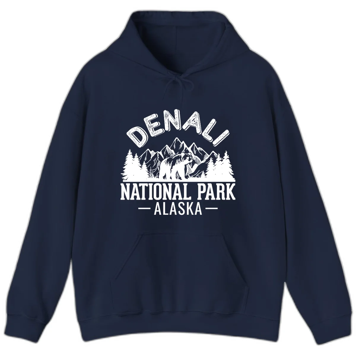 Denali National Park bear design with mountains, evergreen trees, and distressed white text on gray background in Navy