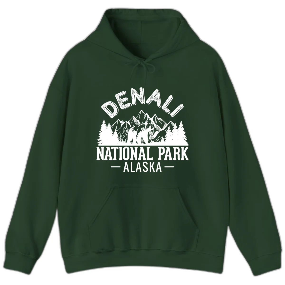 Denali National Park bear design with mountains, evergreen trees, and distressed white text on gray background in Forest Green