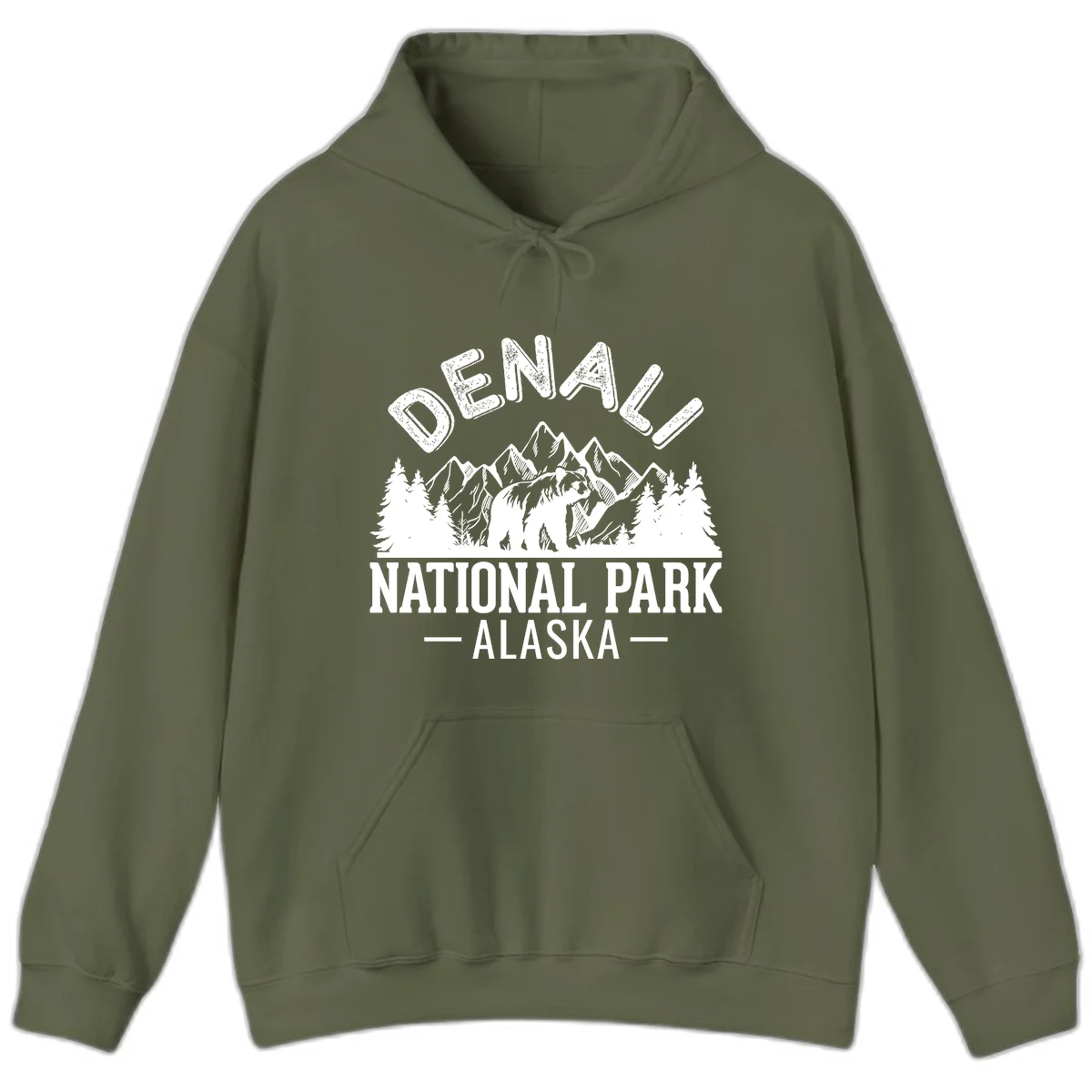 Denali National Park bear design with mountains, evergreen trees, and distressed white text on gray background in Military Green