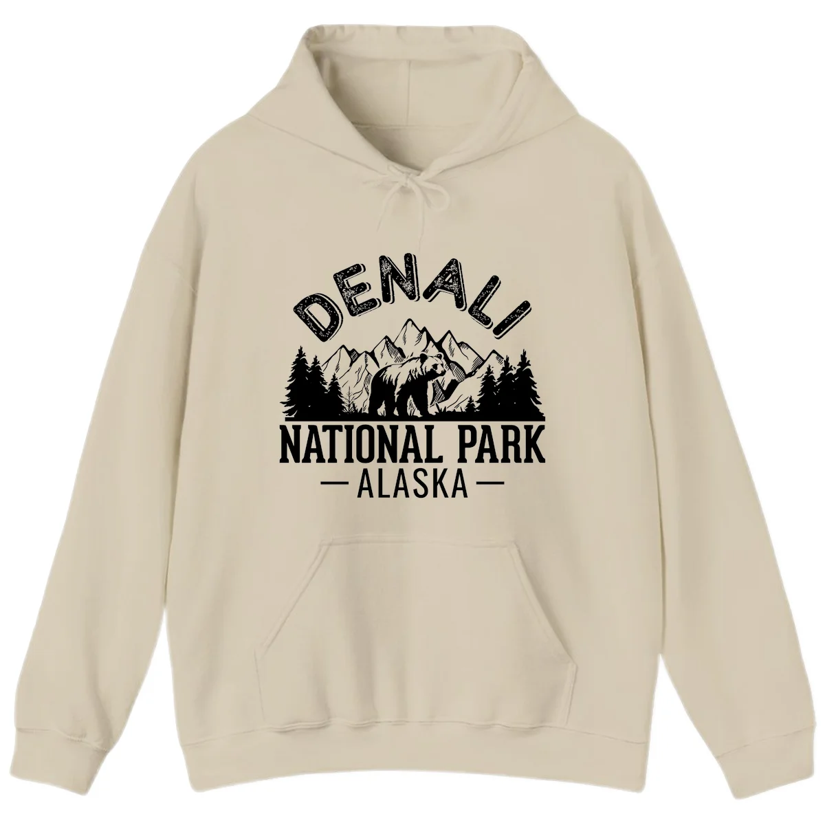 Denali National Park bear design with mountains, evergreen trees, and distressed white text on gray background in Sand