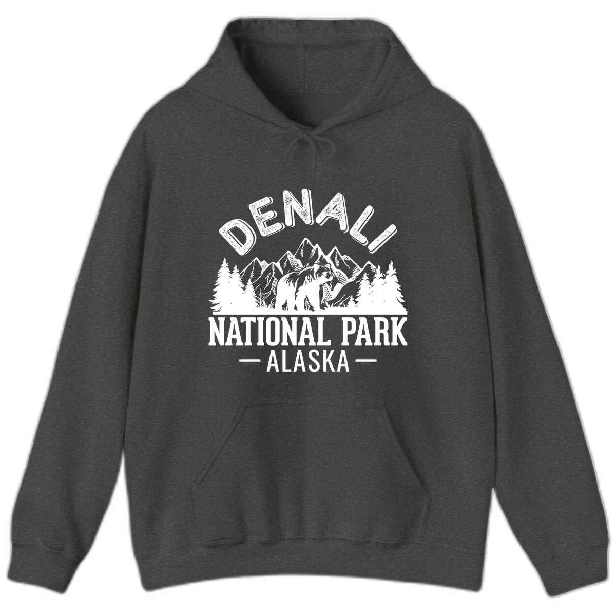 Denali National Park bear design with mountains, evergreen trees, and distressed white text on gray background in Dark Heather