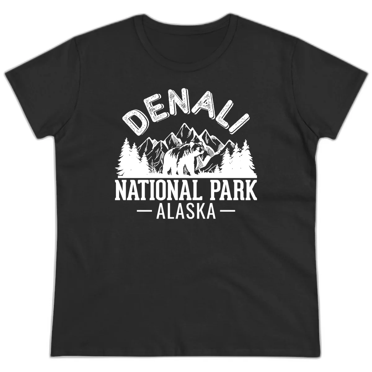Denali National Park bear design with mountains, evergreen trees, and distressed white text on gray background in Black