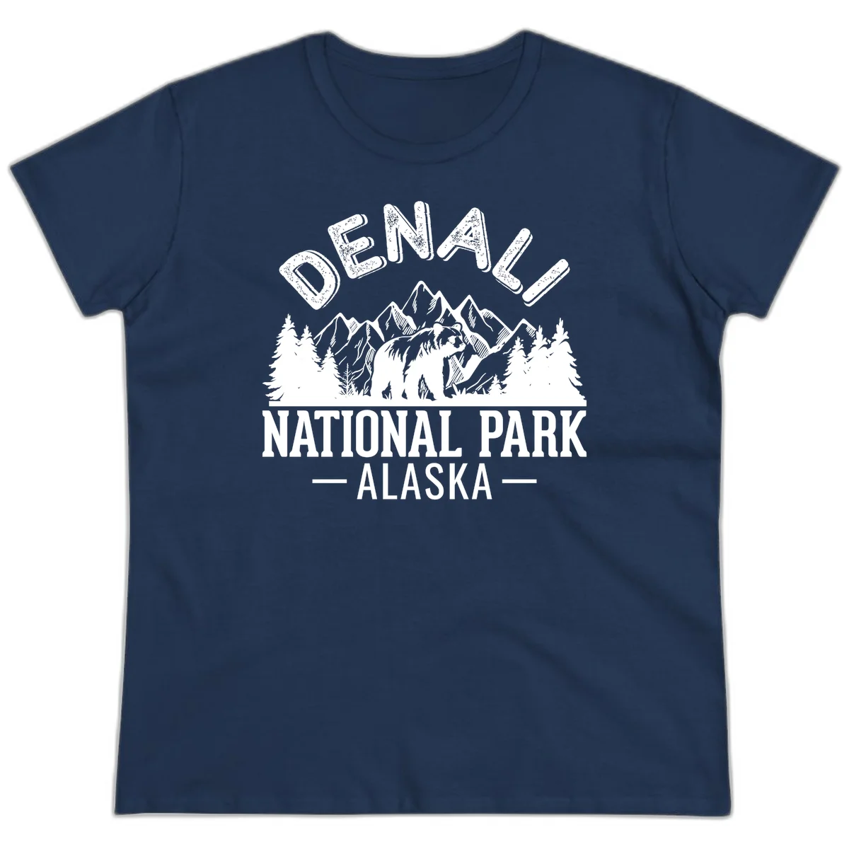 Denali National Park bear design with mountains, evergreen trees, and distressed white text on gray background in Navy