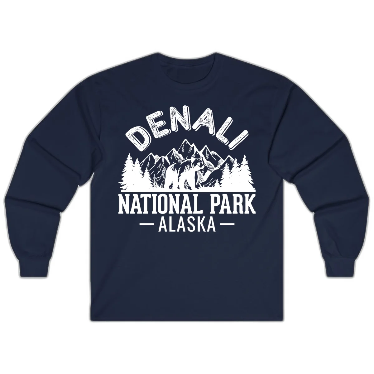 Denali National Park bear design with mountains, evergreen trees, and distressed white text on gray background in Navy
