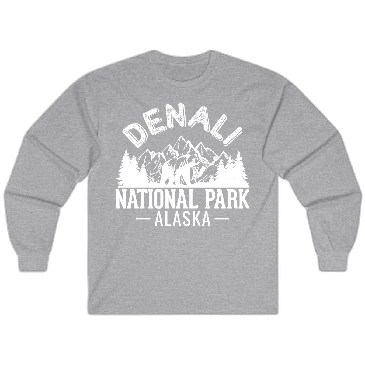 Denali National Park bear design with mountains, evergreen trees, and distressed white text on gray background in Sport Grey