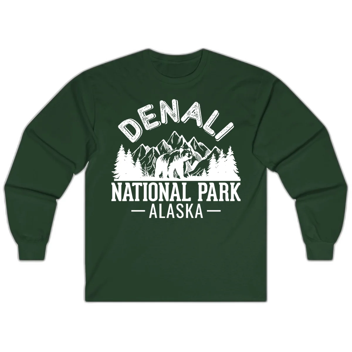 Denali National Park bear design with mountains, evergreen trees, and distressed white text on gray background in Forest Green