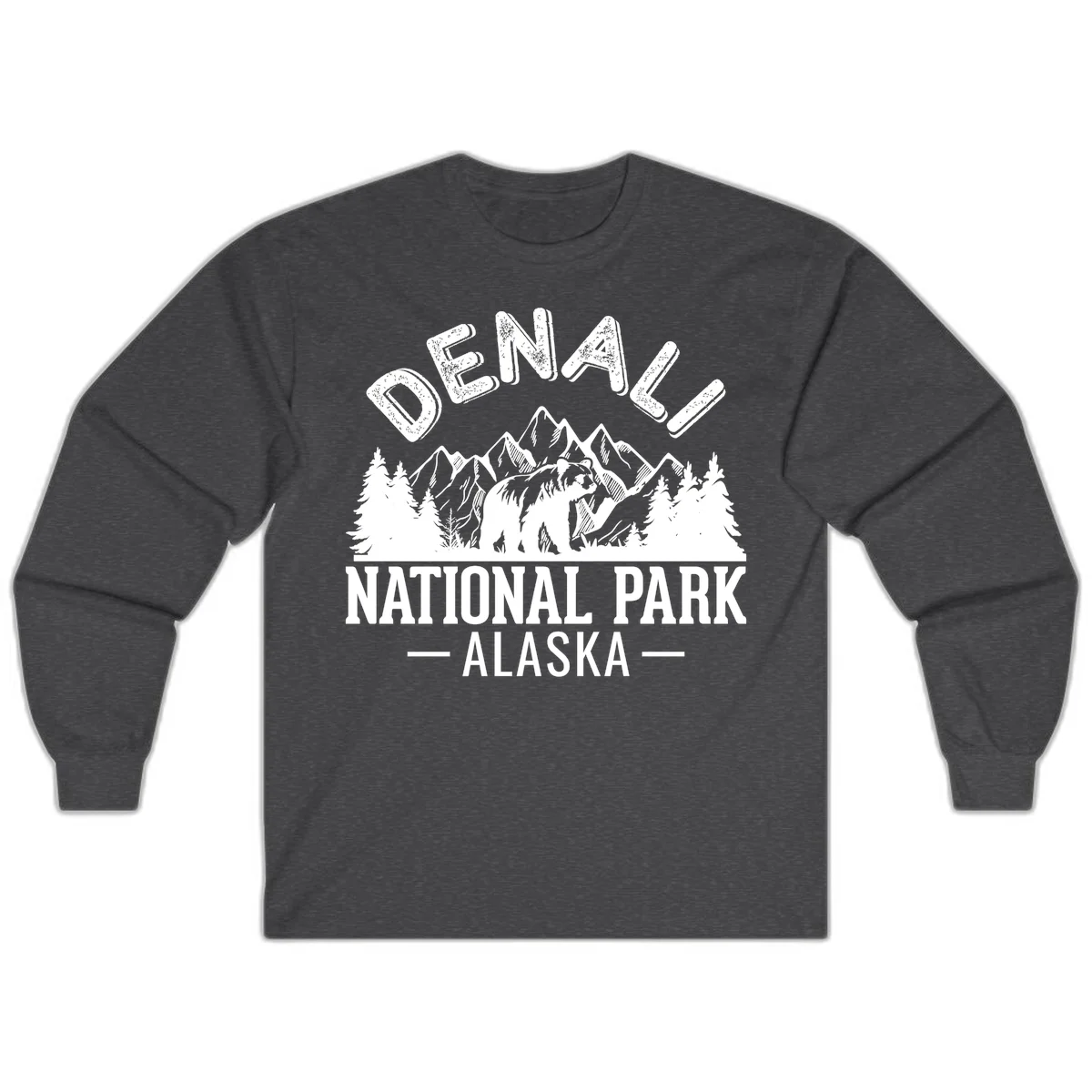 Denali National Park bear design with mountains, evergreen trees, and distressed white text on gray background in Dark Heather
