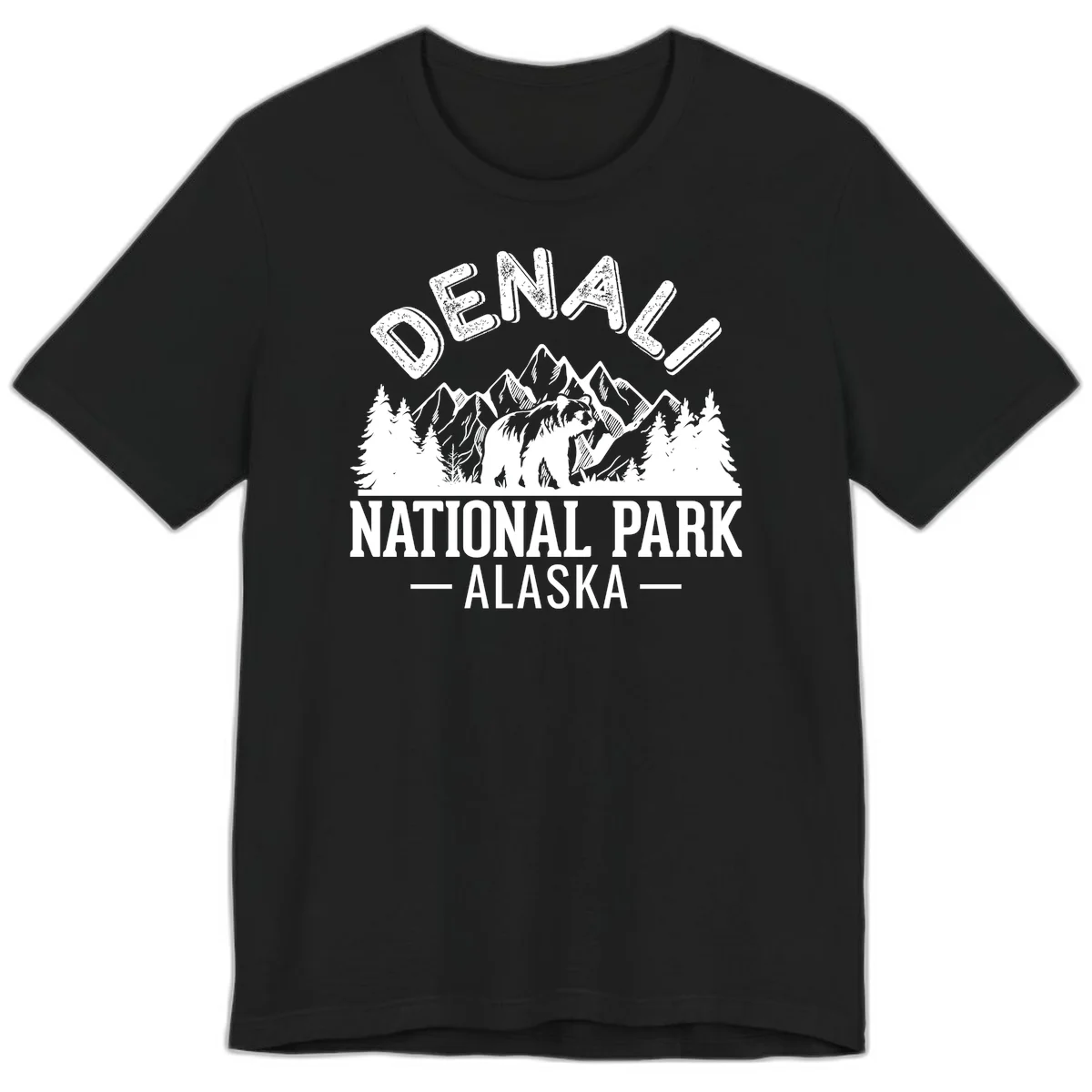 Denali National Park bear design with mountains, evergreen trees, and distressed white text on gray background in Black