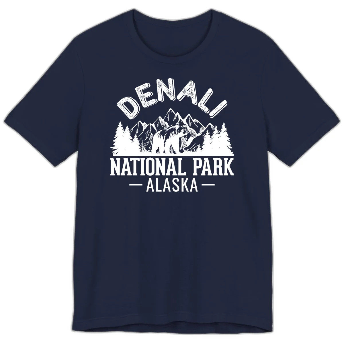 Denali National Park bear design with mountains, evergreen trees, and distressed white text on gray background in Navy