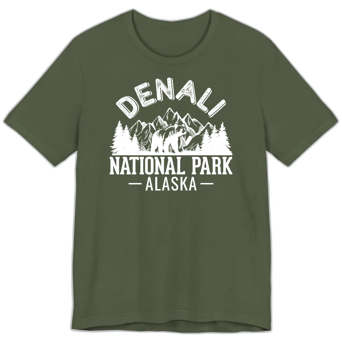 Denali National Park bear design with mountains, evergreen trees, and distressed white text on gray background in Military Green