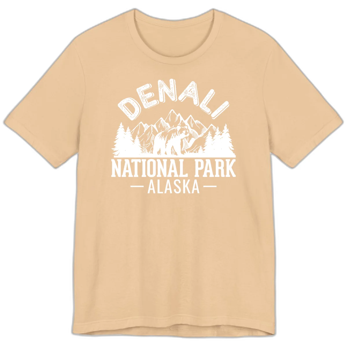 Denali National Park bear design with mountains, evergreen trees, and distressed white text on gray background in Sand Dune