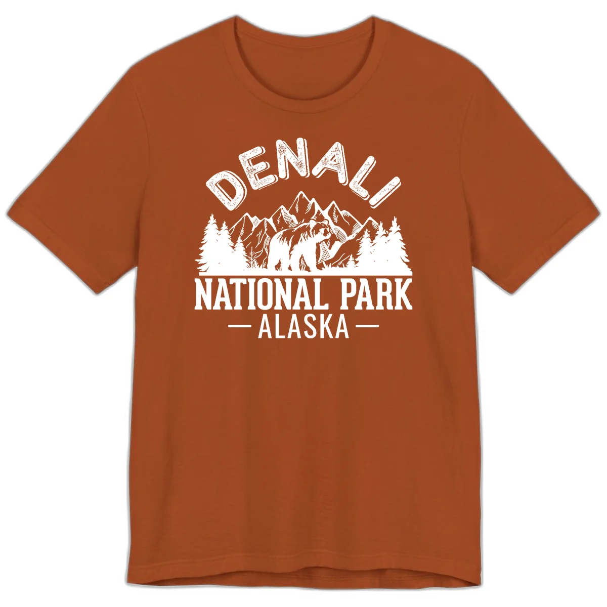 Denali National Park bear design with mountains, evergreen trees, and distressed white text on gray background in Autumn