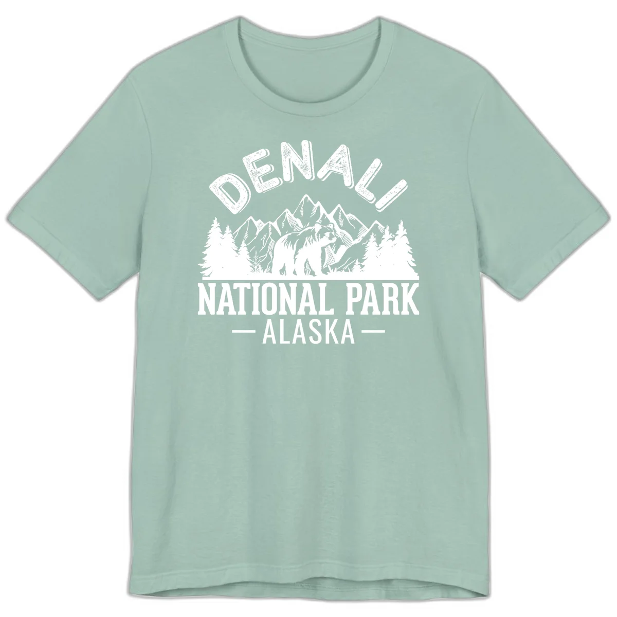 Denali National Park bear design with mountains, evergreen trees, and distressed white text on gray background in Dusty Blue