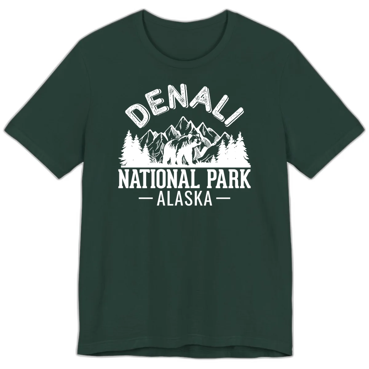 Denali National Park bear design with mountains, evergreen trees, and distressed white text on gray background in Forest