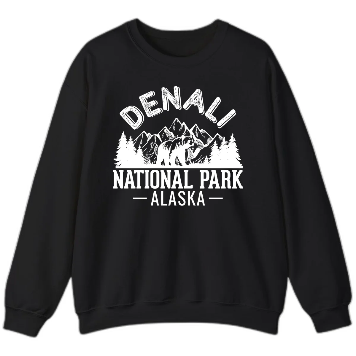 Denali National Park bear design with mountains, evergreen trees, and distressed white text on gray background in Black