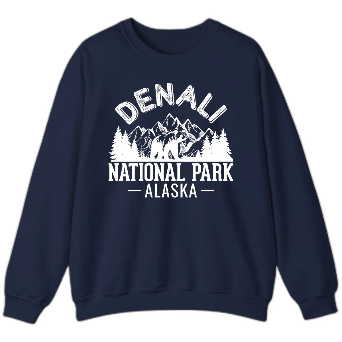 Denali National Park bear design with mountains, evergreen trees, and distressed white text on gray background in Navy