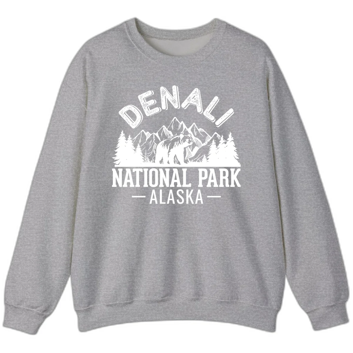 Denali National Park bear design with mountains, evergreen trees, and distressed white text on gray background in Sport Grey