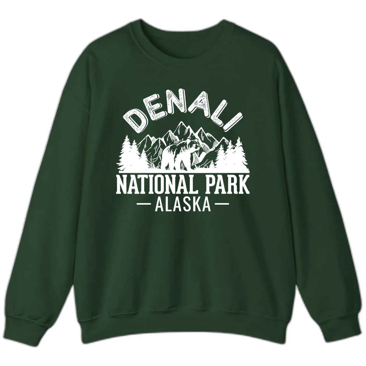Denali National Park bear design with mountains, evergreen trees, and distressed white text on gray background in Forest Green