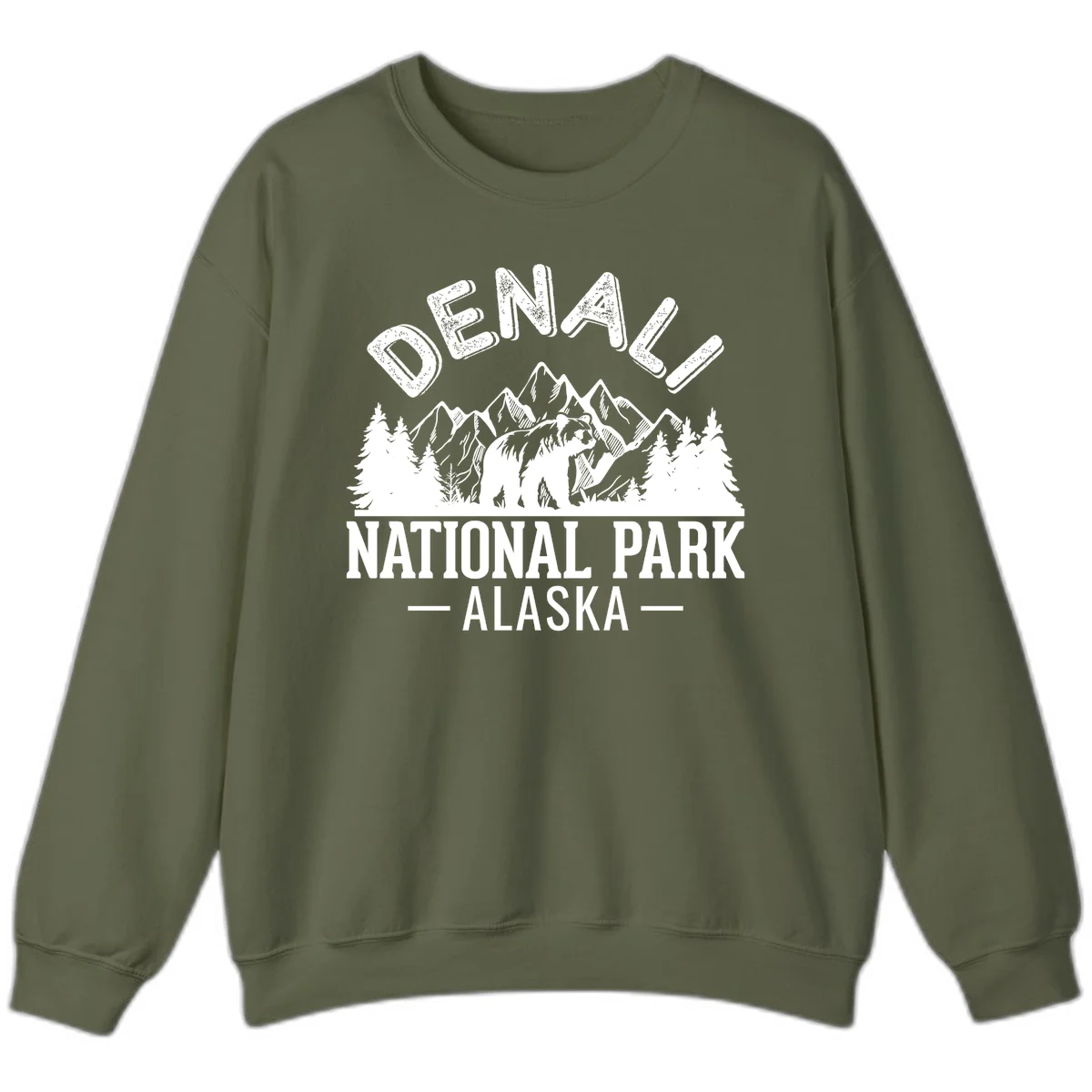 Denali National Park bear design with mountains, evergreen trees, and distressed white text on gray background in Military Green