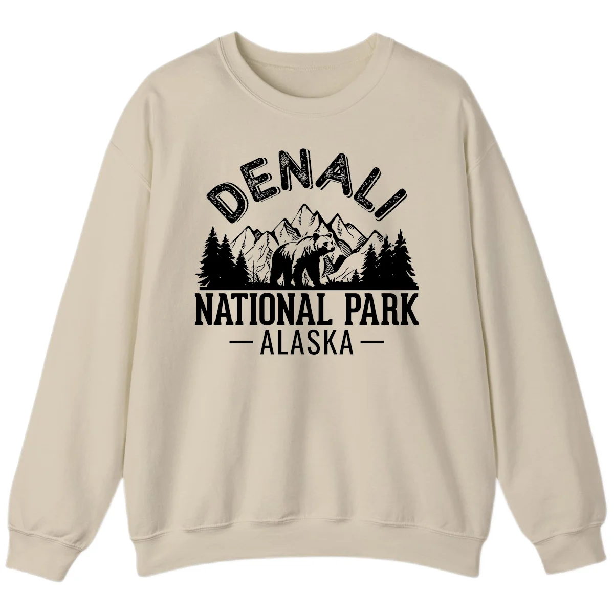 Denali National Park bear design with mountains, evergreen trees, and distressed white text on gray background in Sand