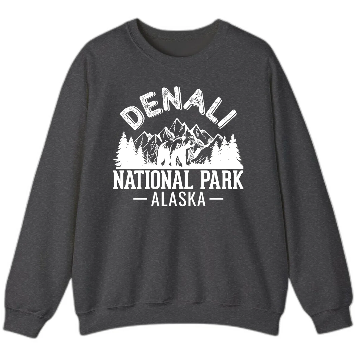 Denali National Park bear design with mountains, evergreen trees, and distressed white text on gray background in Dark Heather