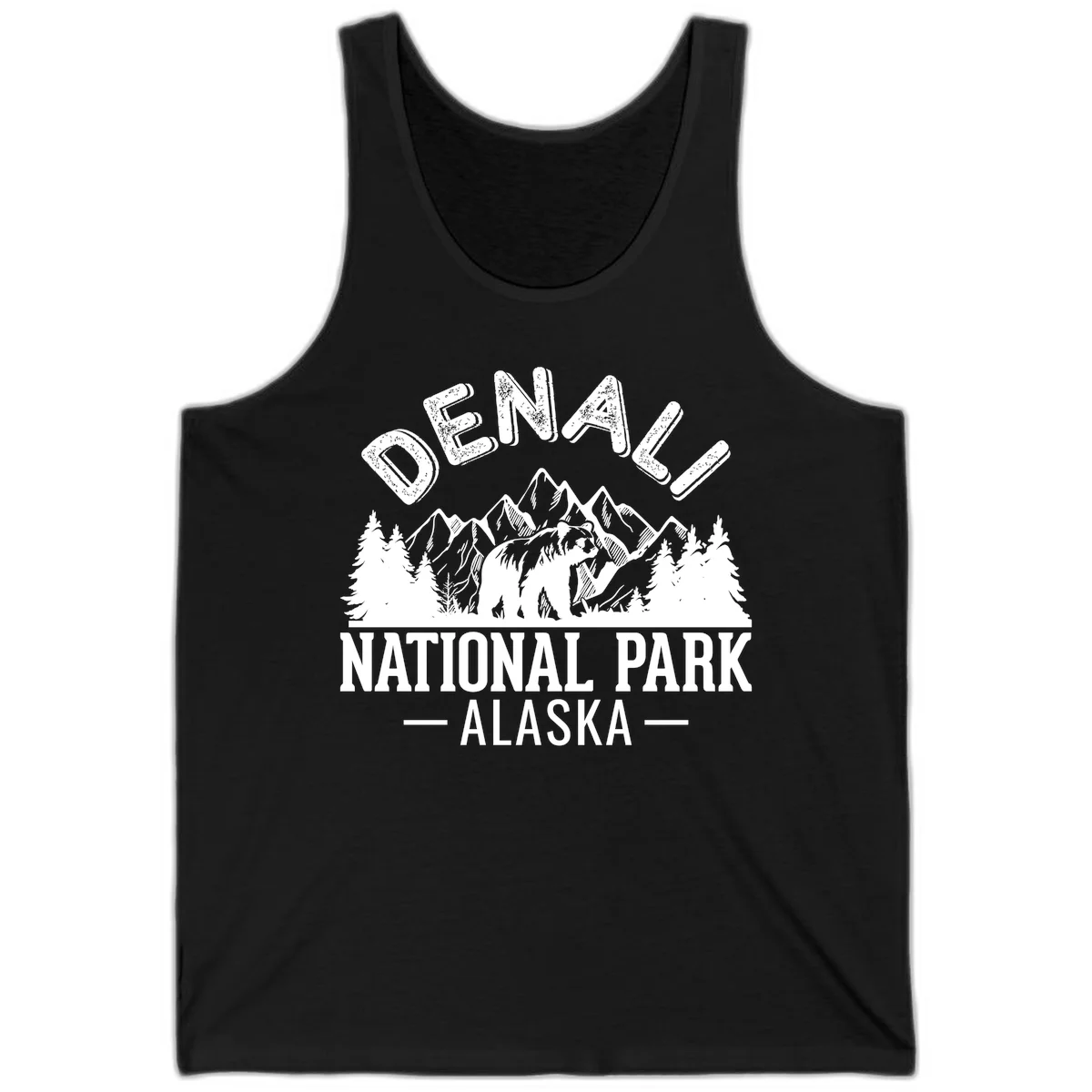 Denali National Park bear design with mountains, evergreen trees, and distressed white text on gray background in Black