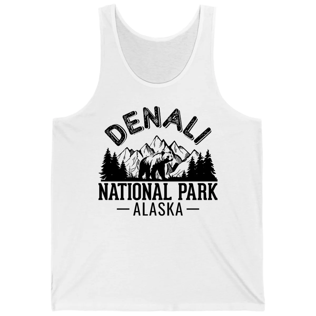 Denali National Park bear design with mountains, evergreen trees, and distressed white text on gray background in White