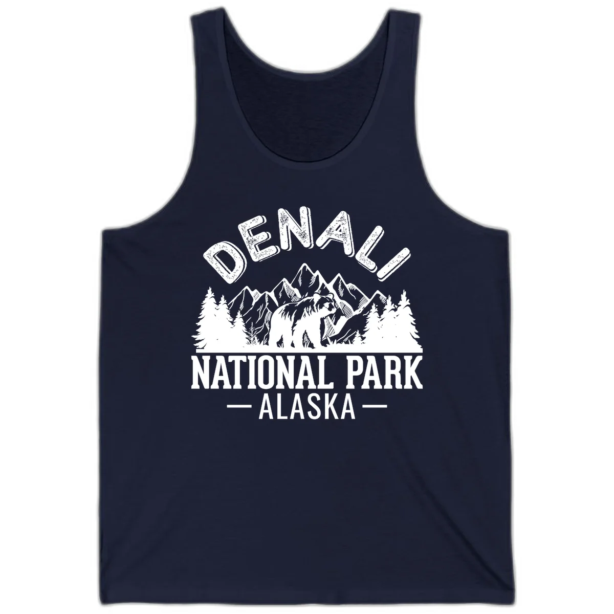 Denali National Park bear design with mountains, evergreen trees, and distressed white text on gray background in Navy