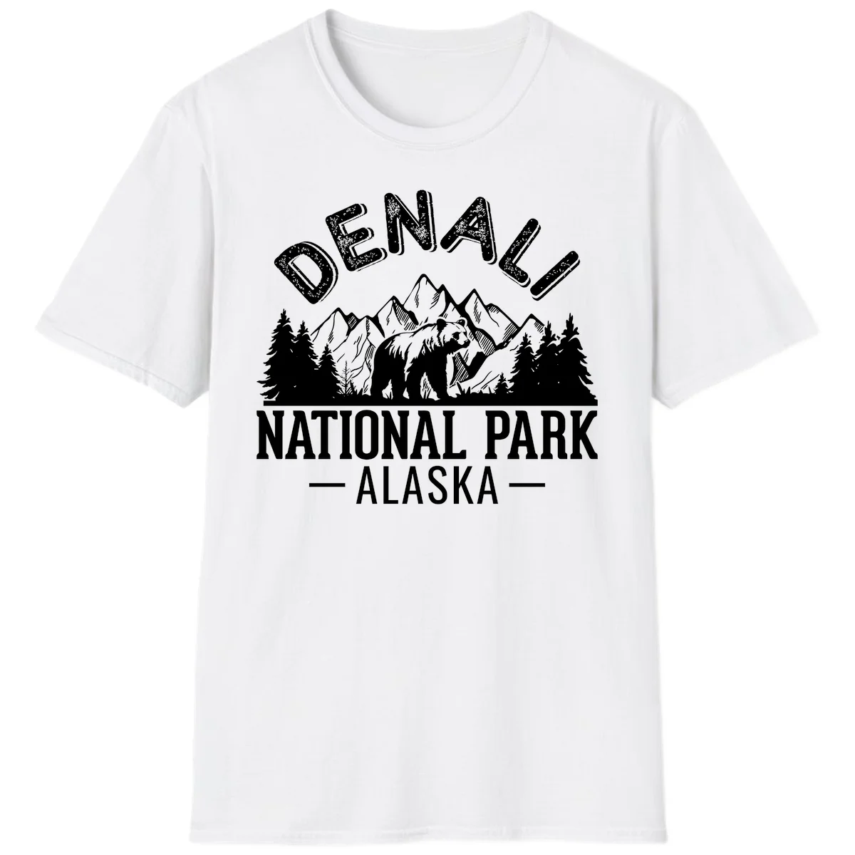Denali National Park bear design with mountains, evergreen trees, and distressed white text on gray background in White