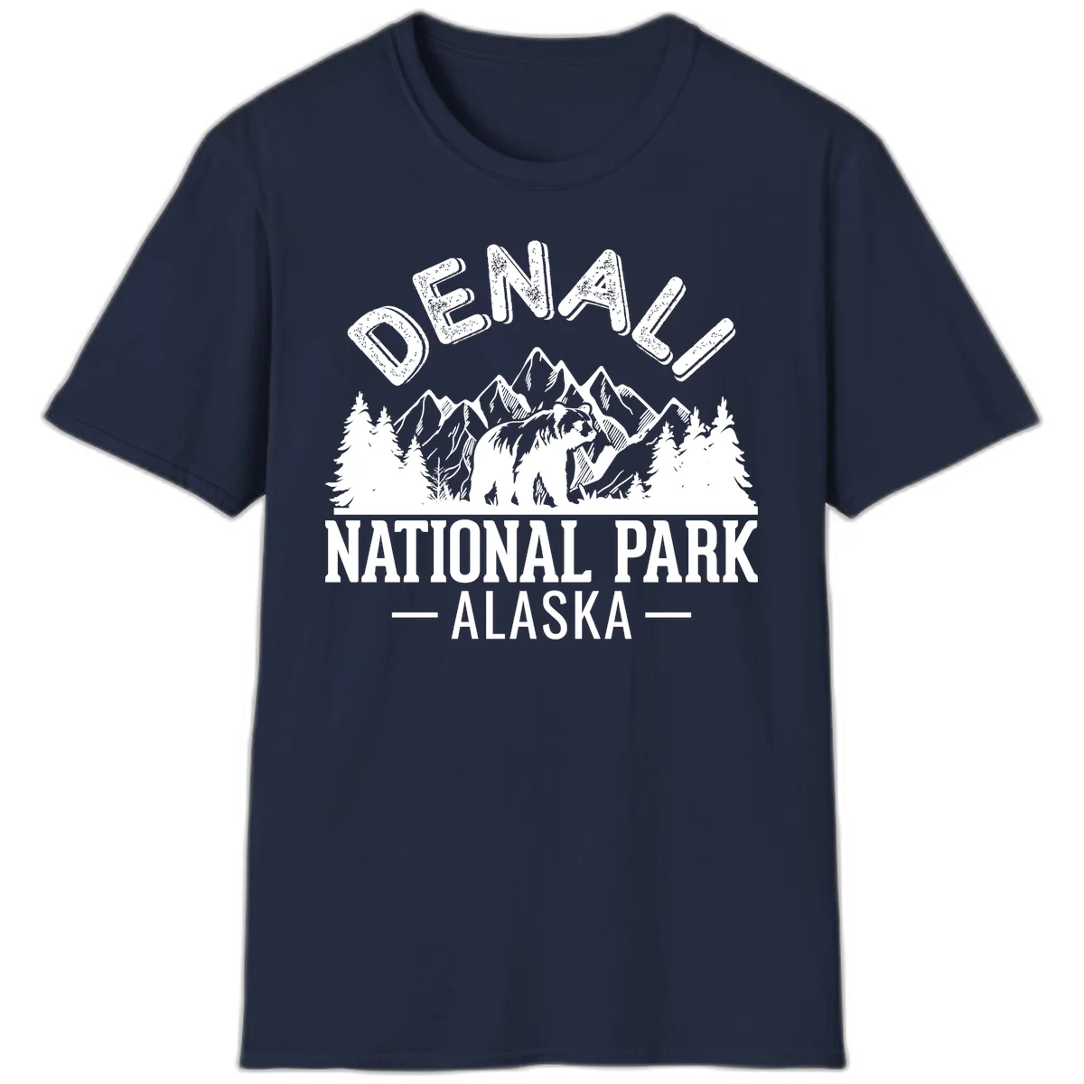 Denali National Park bear design with mountains, evergreen trees, and distressed white text on gray background in Navy