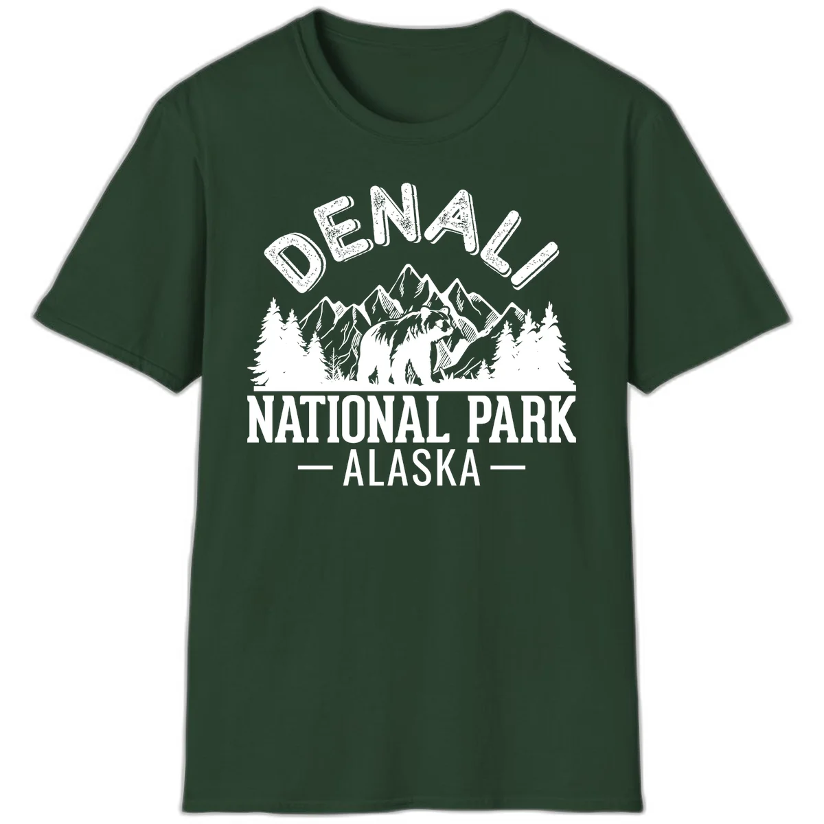 Denali National Park bear design with mountains, evergreen trees, and distressed white text on gray background in Forest Green
