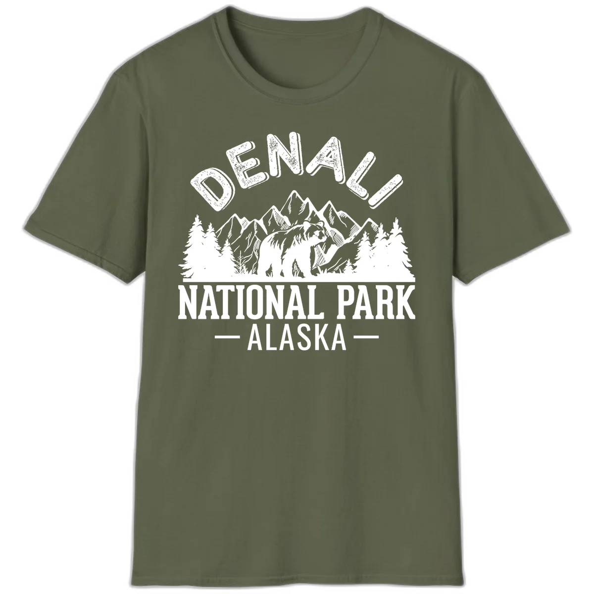 Denali National Park bear design with mountains, evergreen trees, and distressed white text on gray background in Military Green