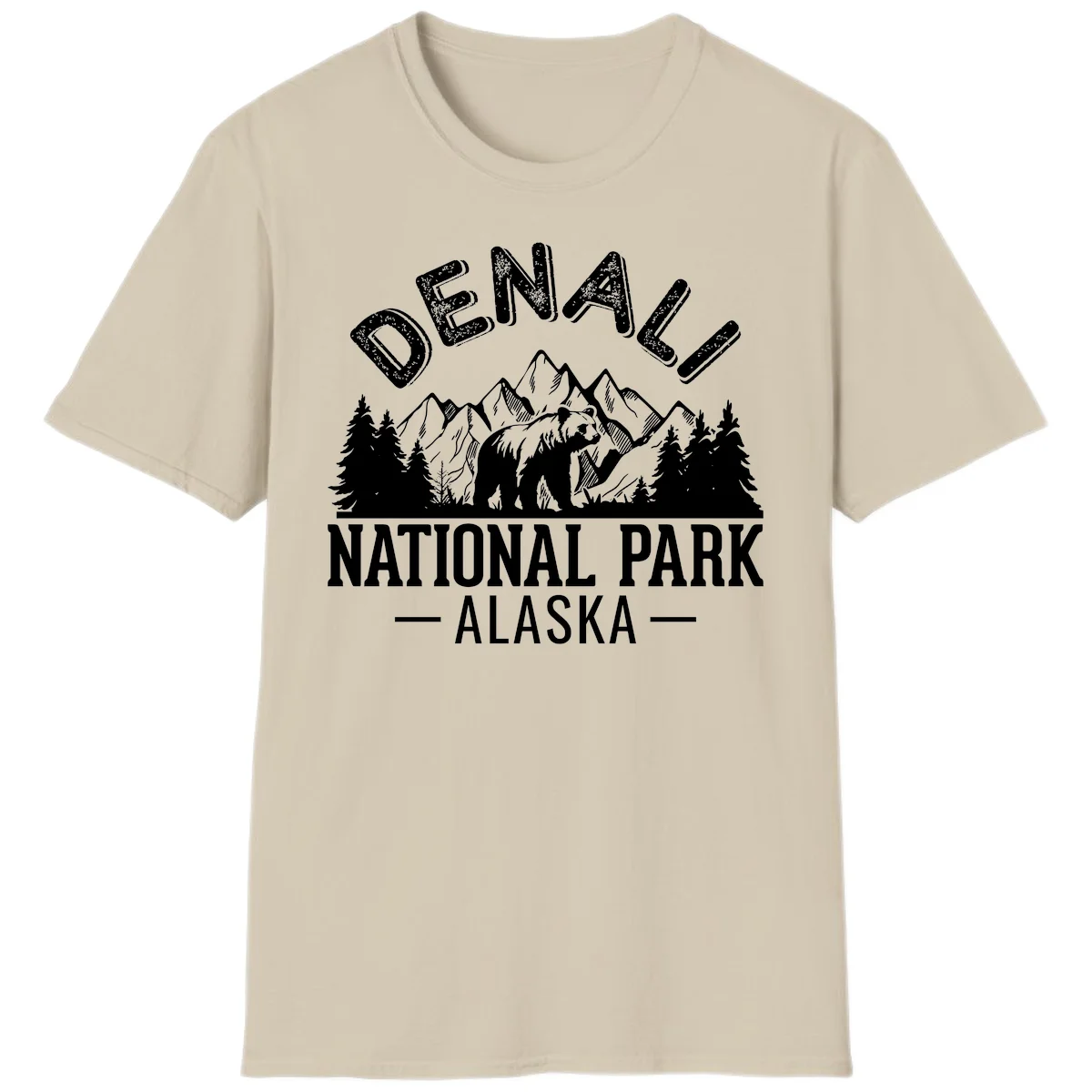 Denali National Park bear design with mountains, evergreen trees, and distressed white text on gray background in Sand