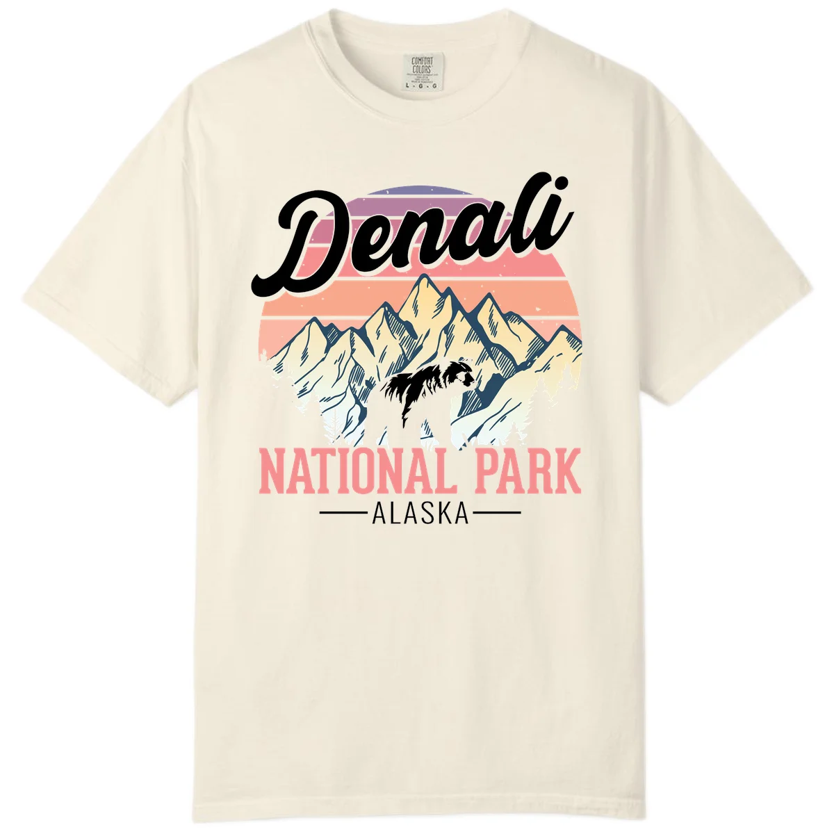 Vintage-style Denali National Park illustration featuring a bear in snowy mountains with retro sunset stripes and evergreen trees in Ivory