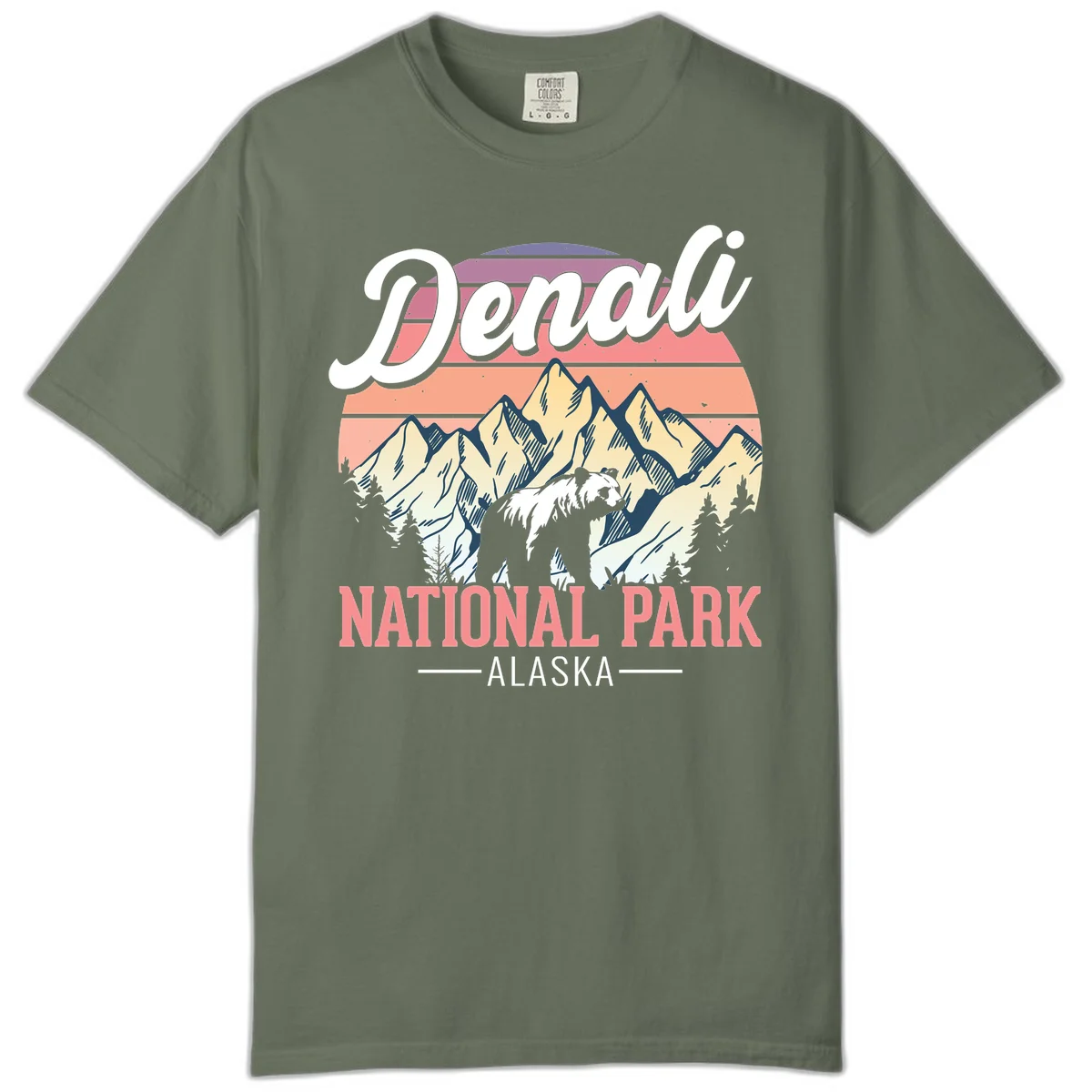 Vintage-style Denali National Park illustration featuring a bear in snowy mountains with retro sunset stripes and evergreen trees in Moss