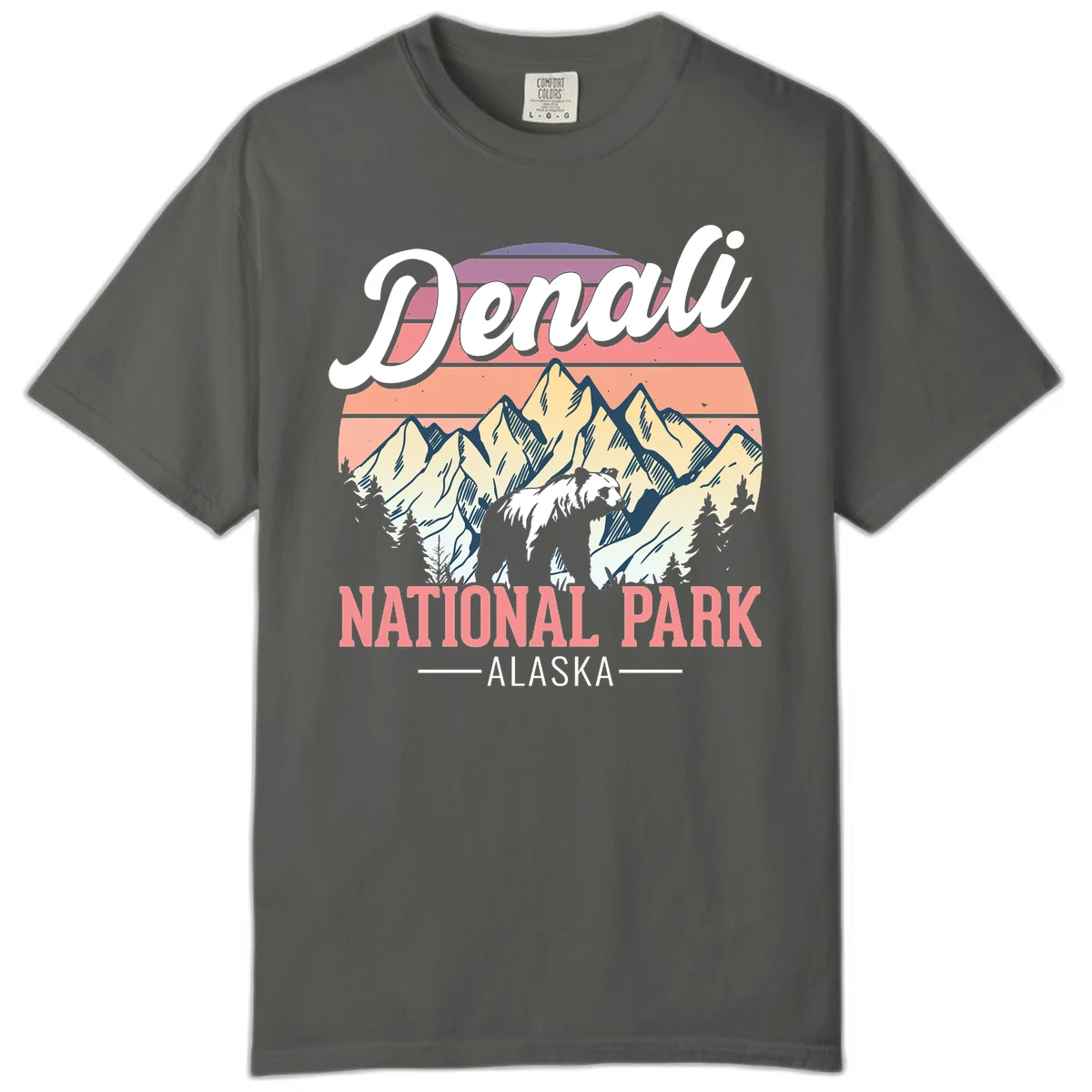 Vintage-style Denali National Park illustration featuring a bear in snowy mountains with retro sunset stripes and evergreen trees in Pepper