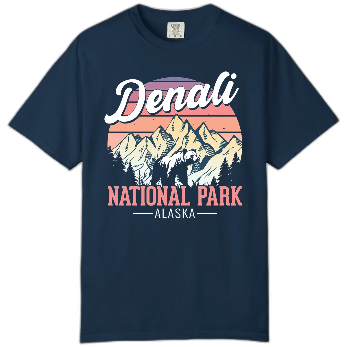 Vintage-style Denali National Park illustration featuring a bear in snowy mountains with retro sunset stripes and evergreen trees in True Navy