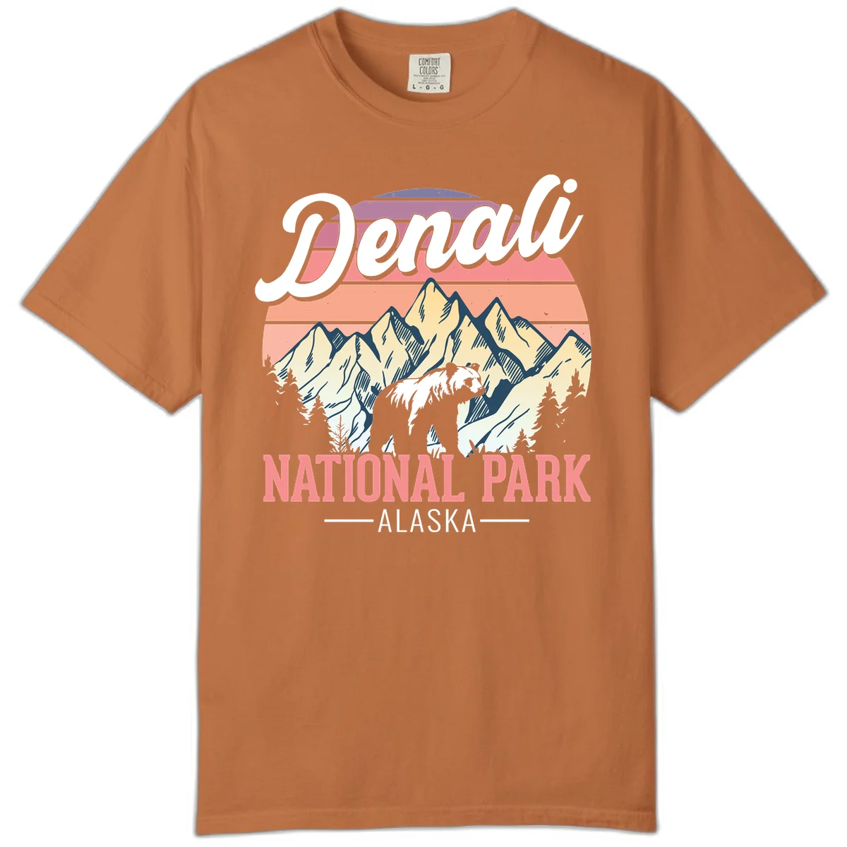 Vintage-style Denali National Park illustration featuring a bear in snowy mountains with retro sunset stripes and evergreen trees in Yam