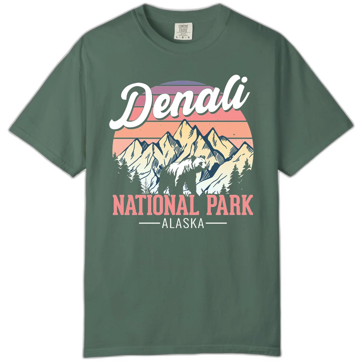 Vintage-style Denali National Park illustration featuring a bear in snowy mountains with retro sunset stripes and evergreen trees in Blue Spruce