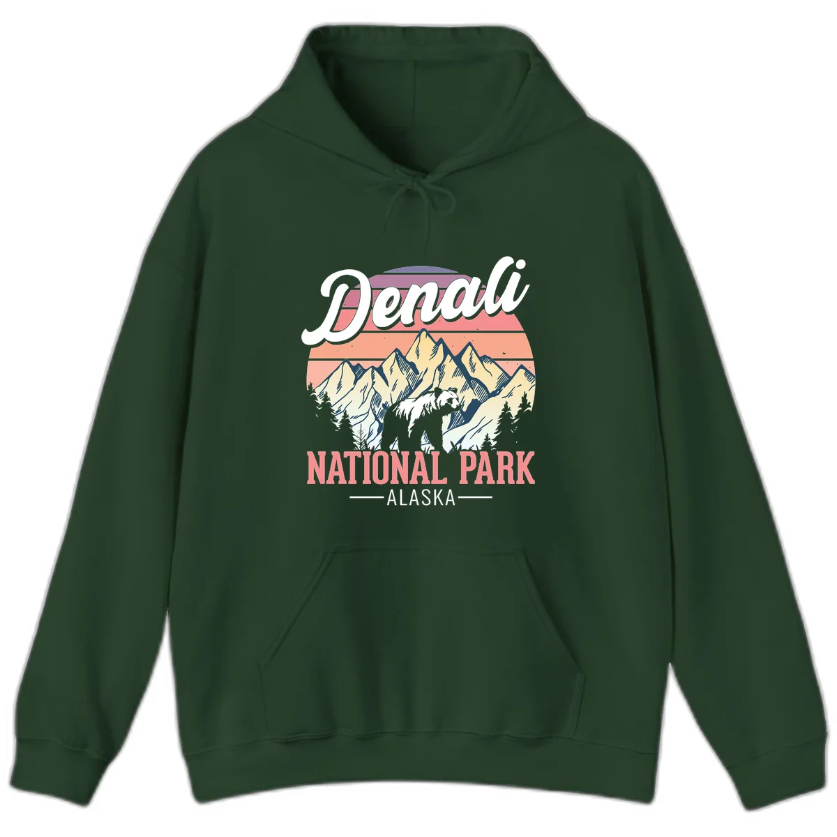Vintage-style Denali National Park illustration featuring a bear in snowy mountains with retro sunset stripes and evergreen trees in Forest Green