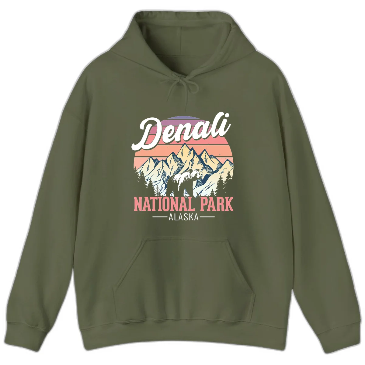 Vintage-style Denali National Park illustration featuring a bear in snowy mountains with retro sunset stripes and evergreen trees in Military Green