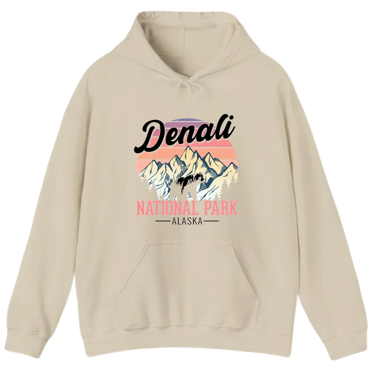 Vintage-style Denali National Park illustration featuring a bear in snowy mountains with retro sunset stripes and evergreen trees in Sand