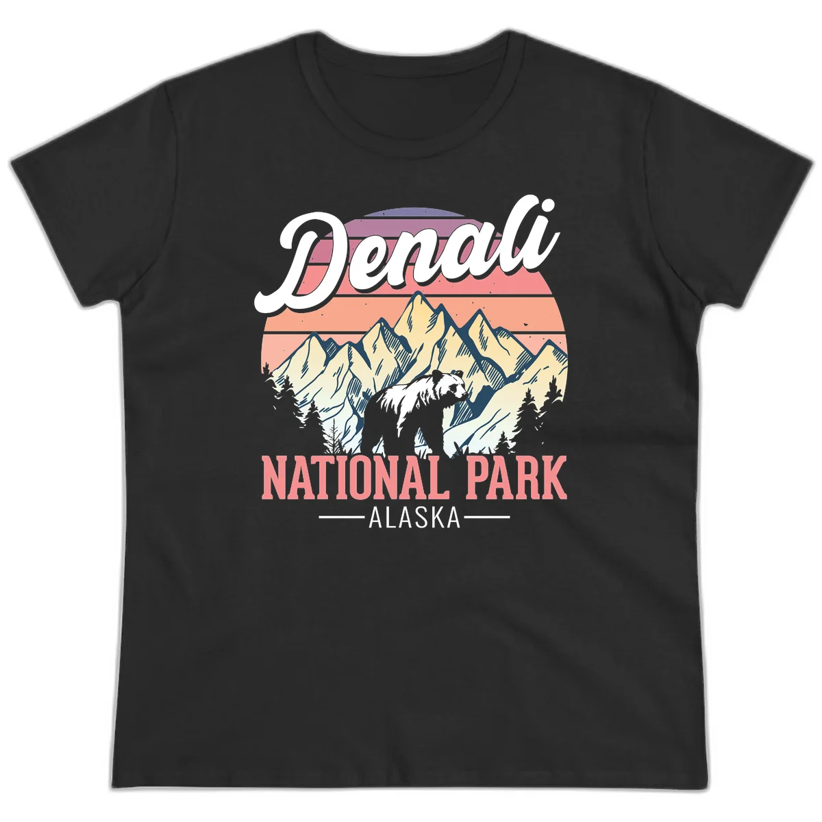 Vintage-style Denali National Park illustration featuring a bear in snowy mountains with retro sunset stripes and evergreen trees in Black