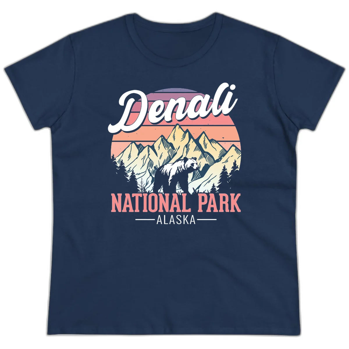 Vintage-style Denali National Park illustration featuring a bear in snowy mountains with retro sunset stripes and evergreen trees in Navy